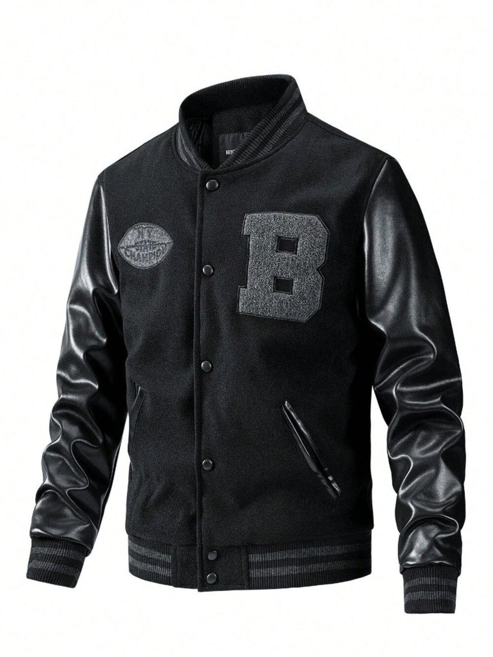 Men Letter Patched Striped Trim PU Leather Sleeve Jacket Black Casual.